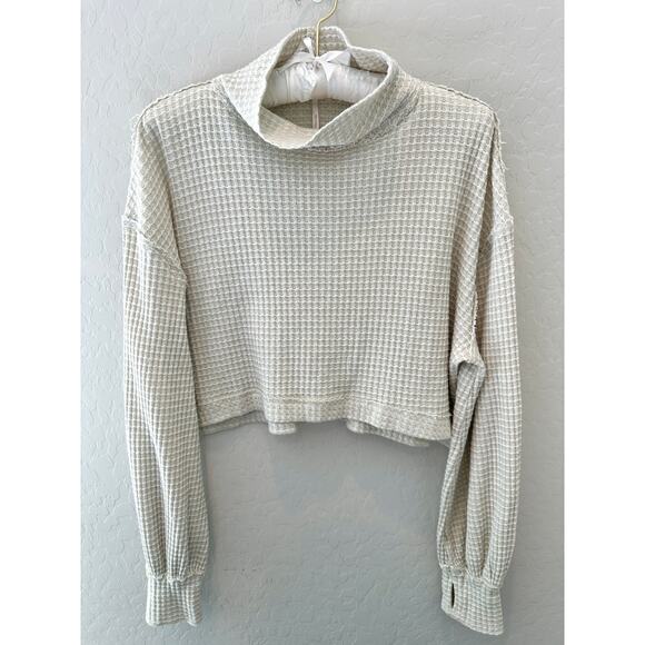FREE PEOPLE Waffle Knit Cropped Pullover Cream Long Sleeve Mock Neck Top | Small - Picture 1 of 6